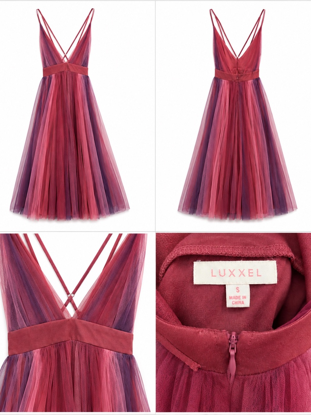 Luxxel Girls' Raspberry & Plum Tulle V-Neck Party Dress